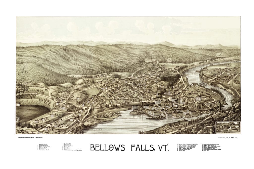 Amazing bird's eye view of Bellows Falls, VT in 1886