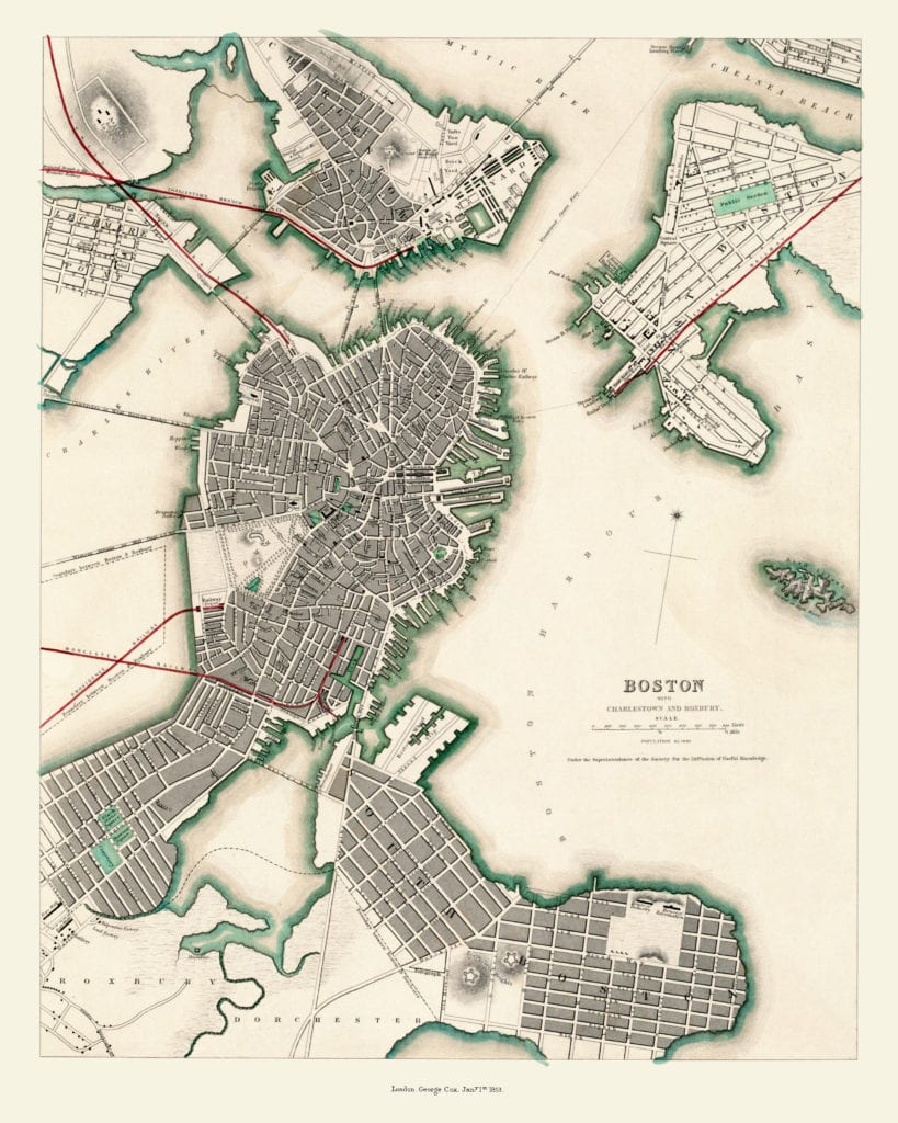 Aerial map of Boston, Charlestown and Roxbury, Massachusetts in 1853