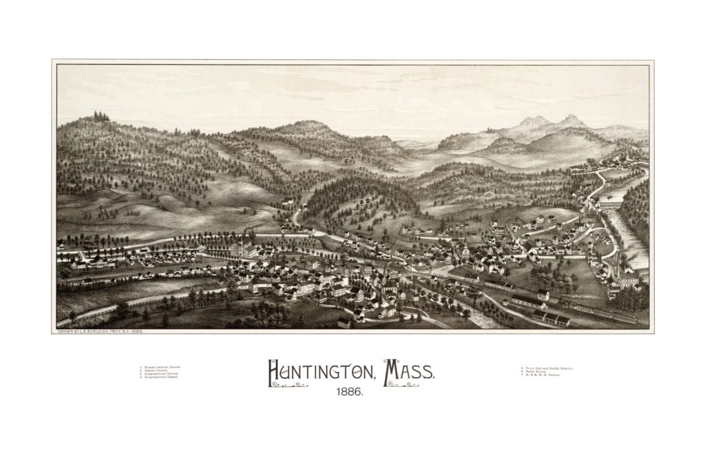 Bird's eye view of Huntington, Massachusetts from 1886