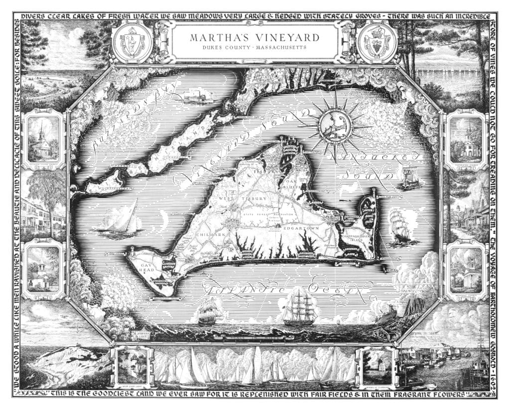 Pictorial map of Martha's Vineyard from 1954, covering the whole island including Gay Head, restored by KNOWOL