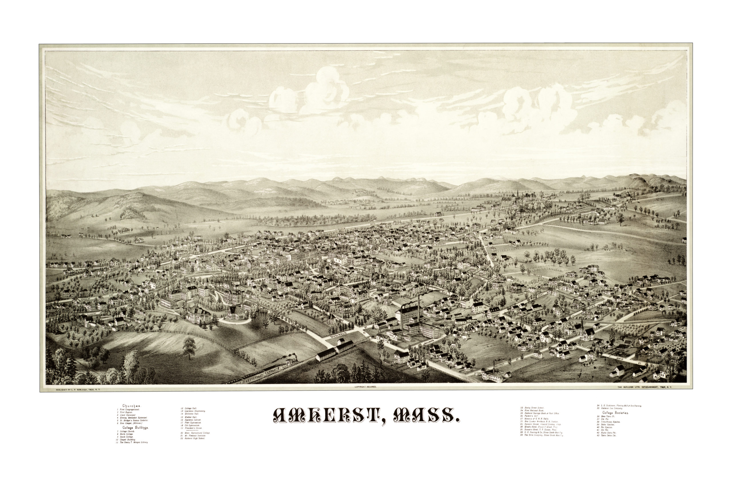 Beautiful old map of Amherst, Massachusetts in 1886