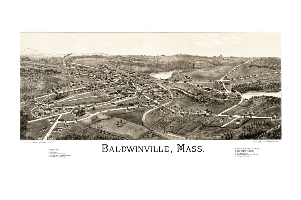 Hand Drawn Map of Baldwinville, Massachusetts from 1886