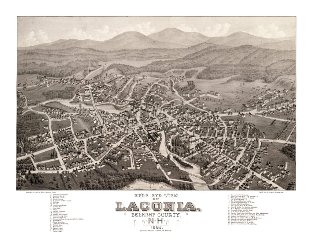 Beautiful bird's eye view of Laconia, NH from 1883