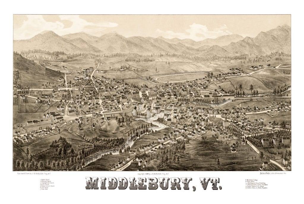 Beautiful hand drawn map of Middlebury, Vermont from 1886