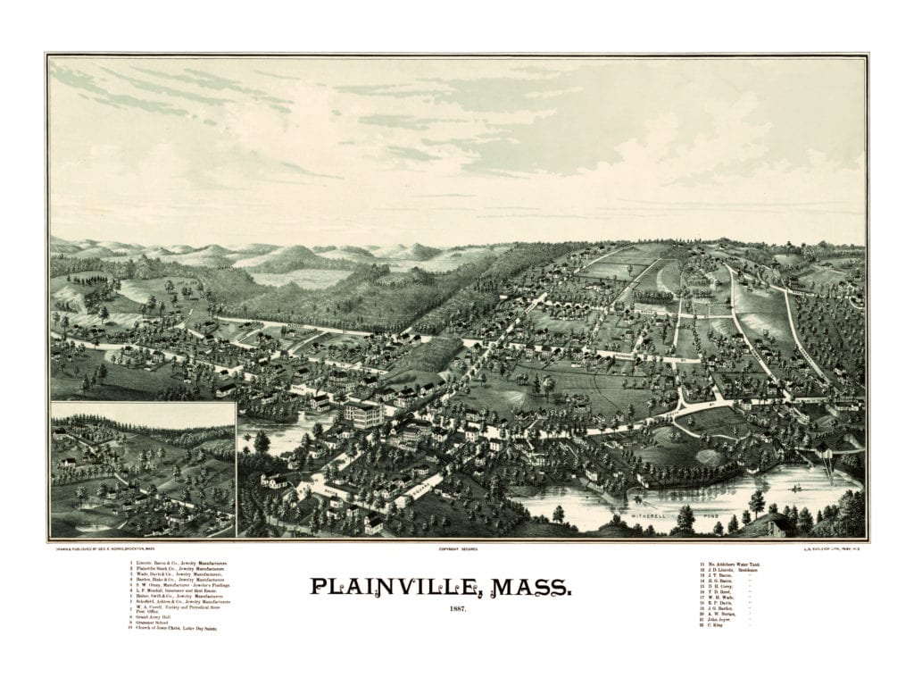 Hand drawn bird's eye view map of Plainville, Massachusetts from 1887 by George E. Norris, restored by KNOWOL