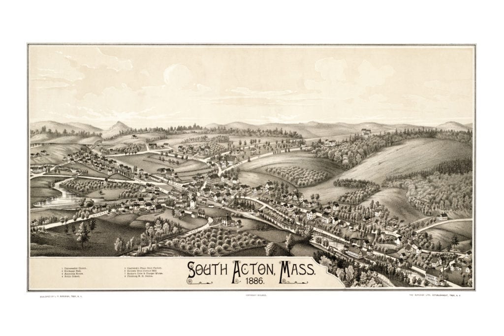 Bird's-eye view map of South Acton, Massachusetts from 1886 by Lucien R. Burleigh, restored by KNOWOL