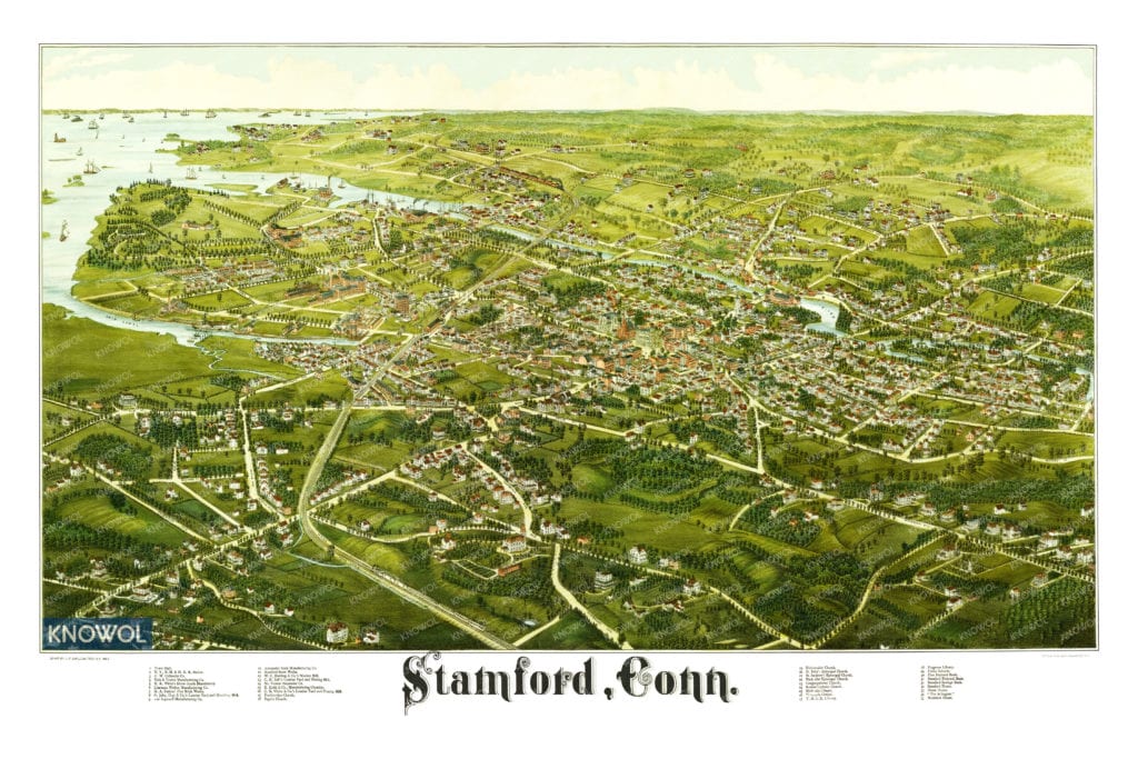 Beautiful hand drawn map of Stamford, Connecticut in 1883