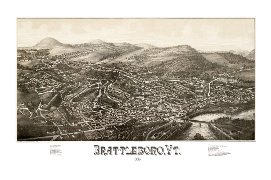 Hand drawn map of Brattleboro, Vermont from 1886