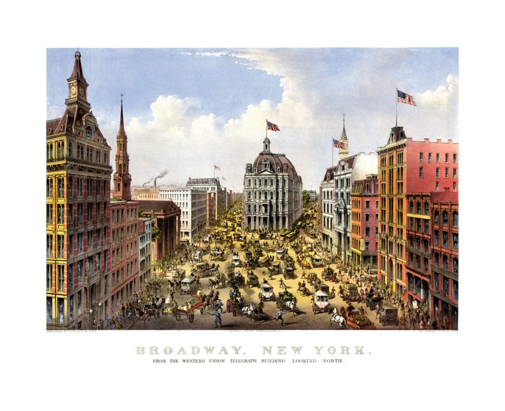 Bird's eye view of Broadway in New York City in 1875