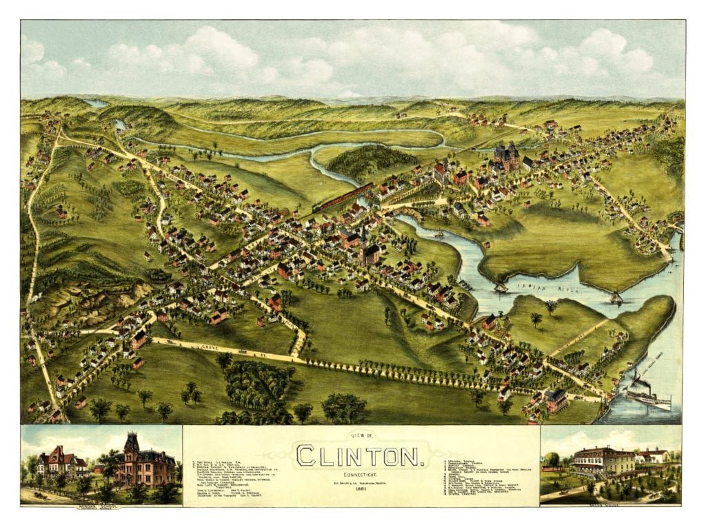 Restored bird's eye view of Clinton, CT from 1881