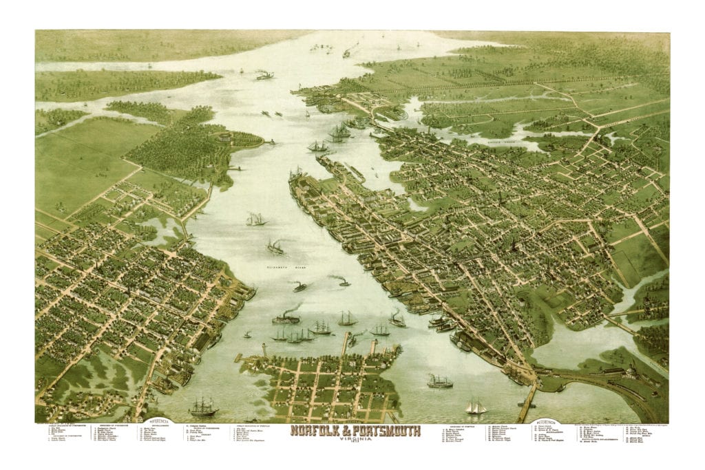 Restored map of Norfolk & Portsmouth, Virginia from 1873