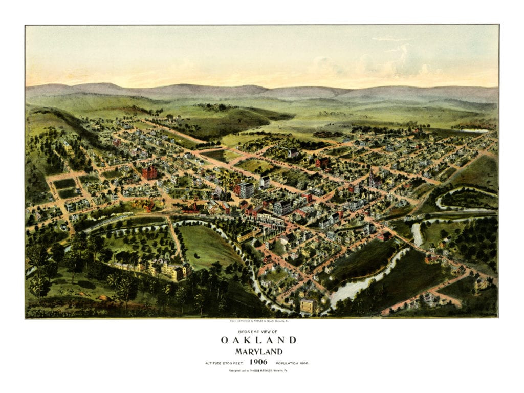 Beautiful bird's eye view of Oakland, Maryland from 1906
