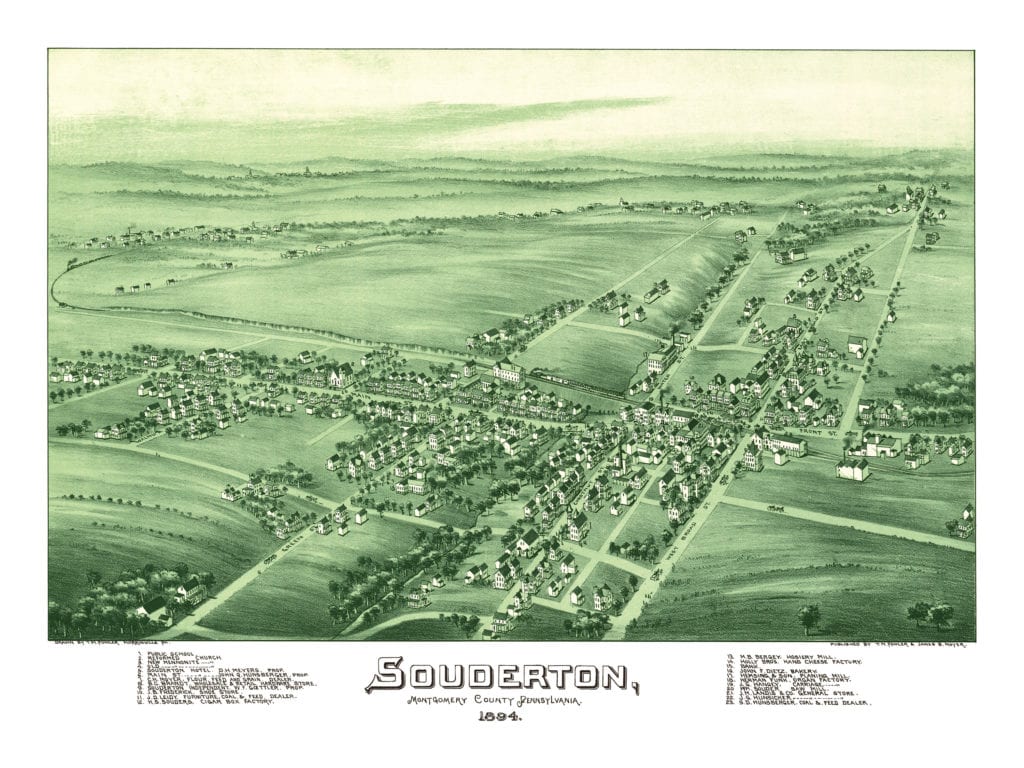 Beautiful old map of Souderton, Pennsylvania from 1894
