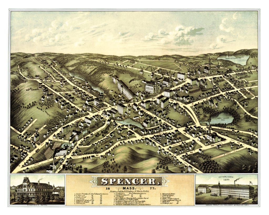 Restored bird's eye view of Spencer, MA from 1877