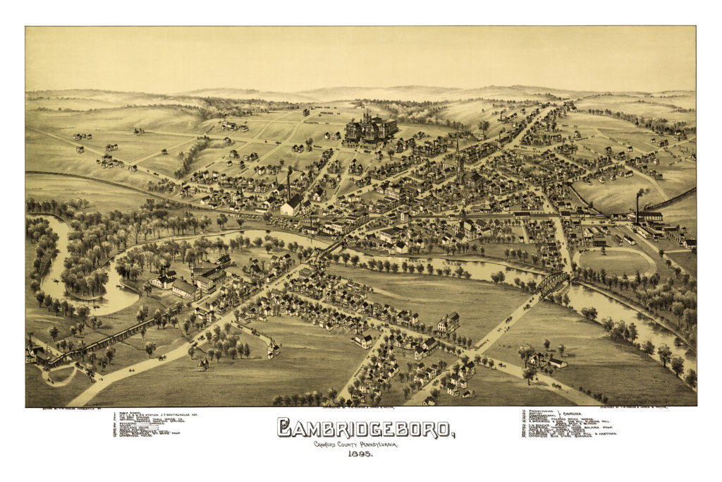 Old map shows bird's eye view of Cambridgeboro, PA in 1895