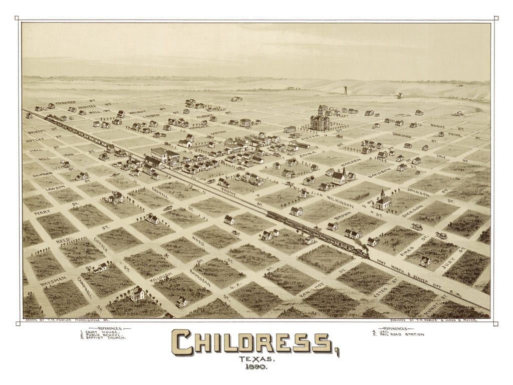 Vintage map shows bird's eye view of Childress, Texas in 1890