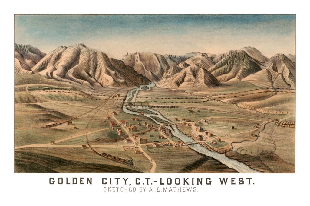 Bird's eye view of Golden City, Colorado in 1870