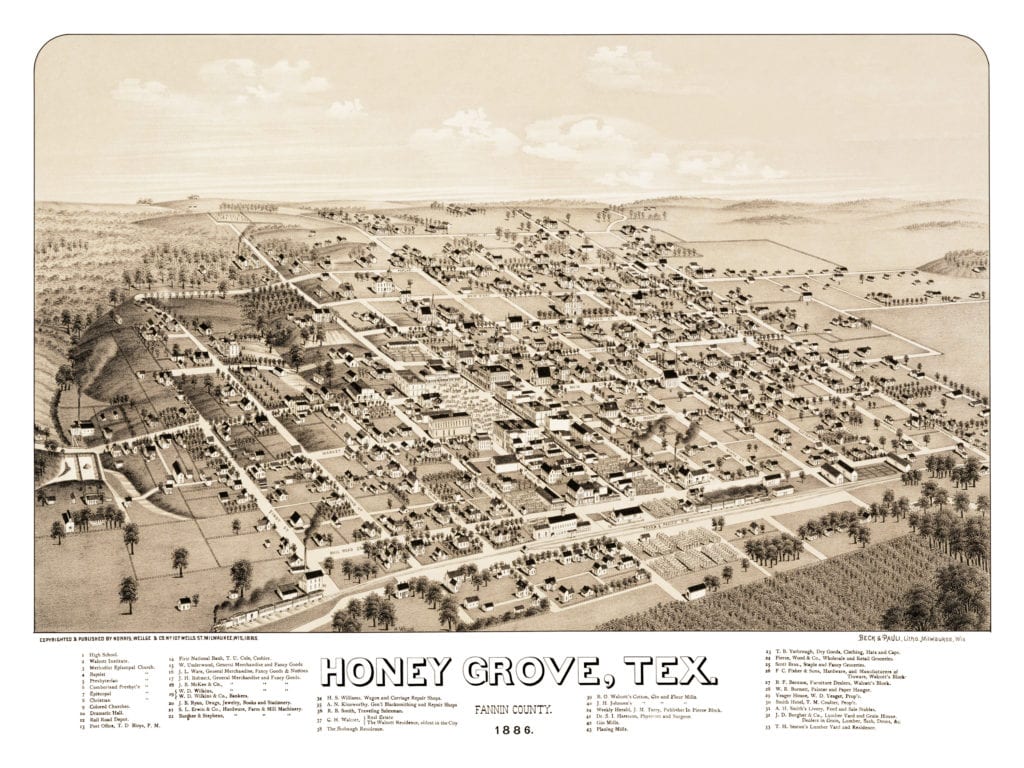 Historical map shows bird's eye view of Honey Grove, TX in 1886