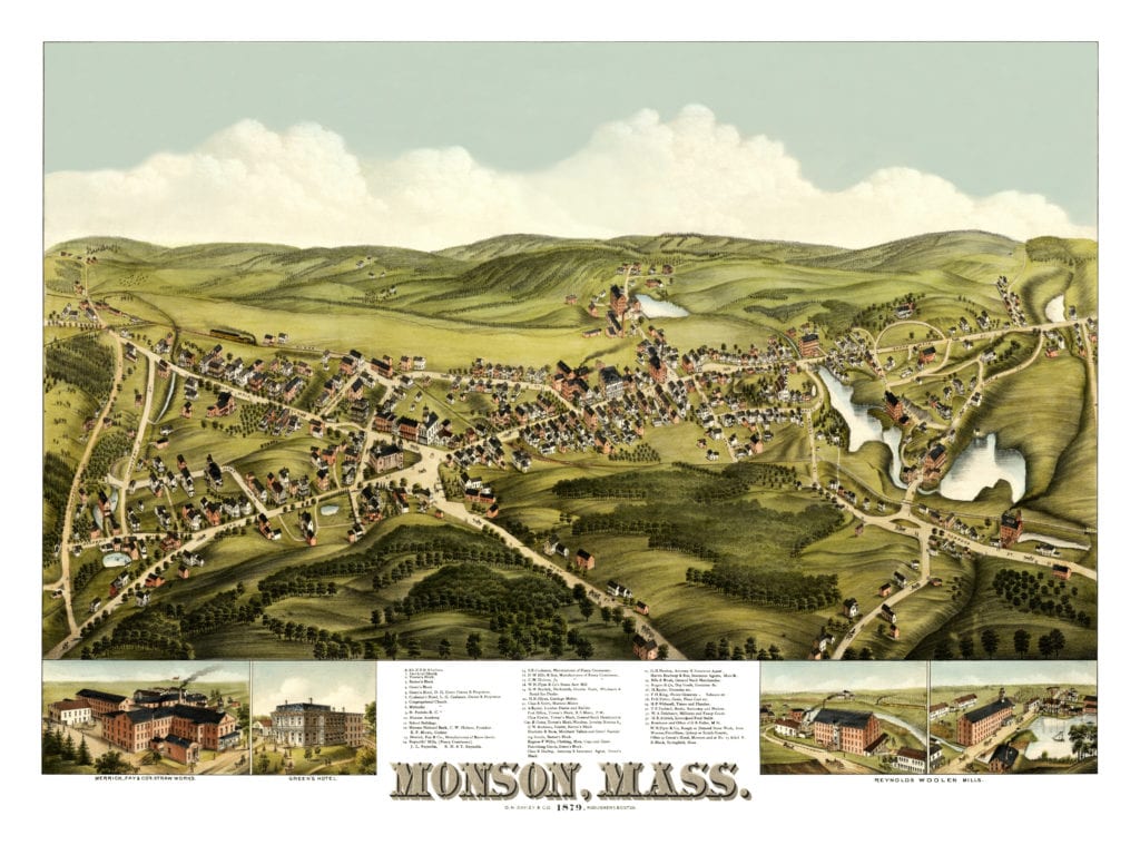 Restored map shows bird's eye view of Monson, MA in 1879