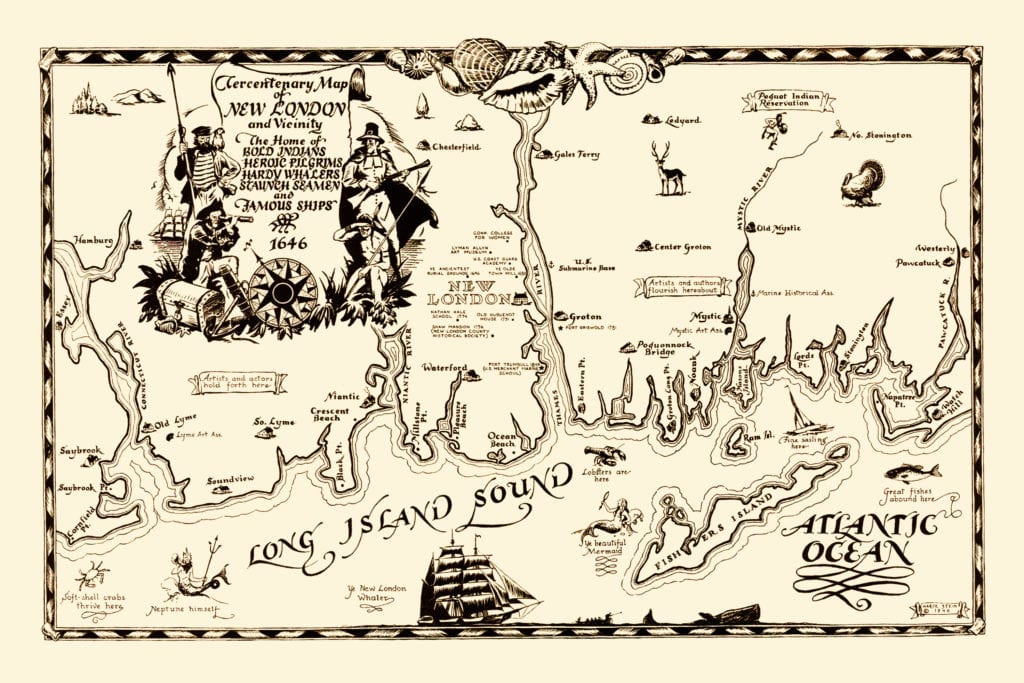 Wonderfully illustrated historical map of New London, CT from 1946