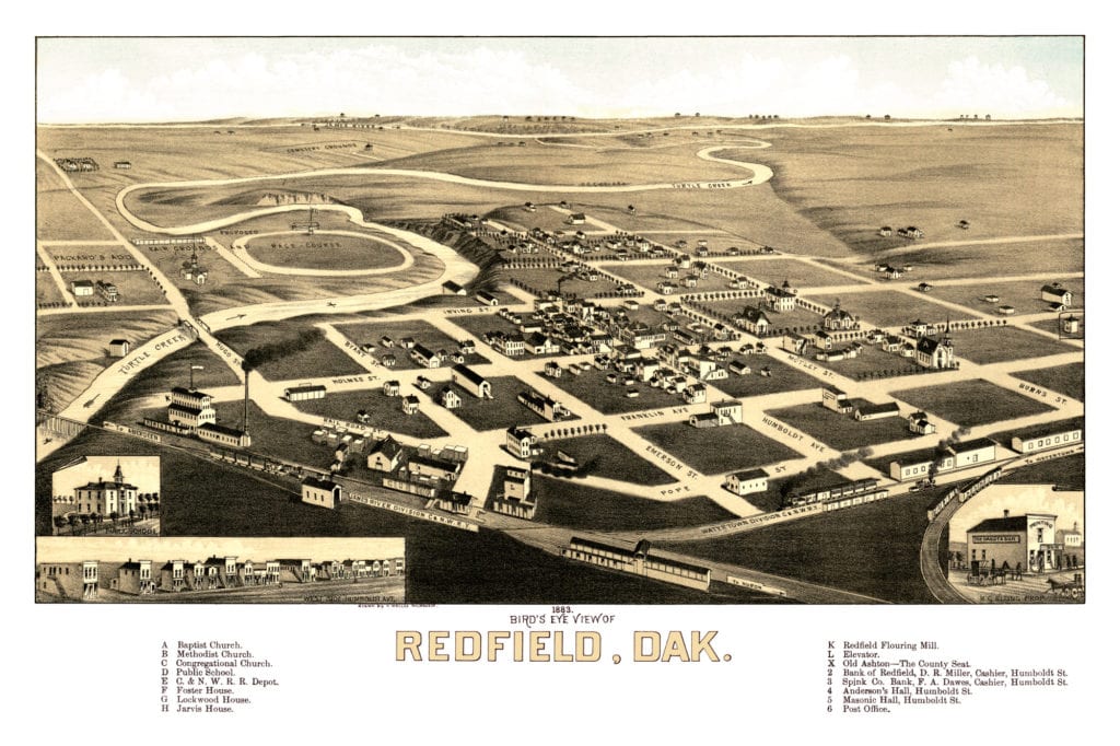 Old historical map of Redfield, South Dakota from 1883