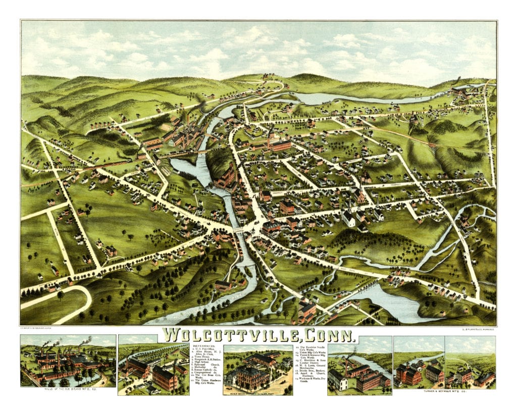 Beautiful bird's eye view of Wolcotville (Torrington), Connecticut from 1877
