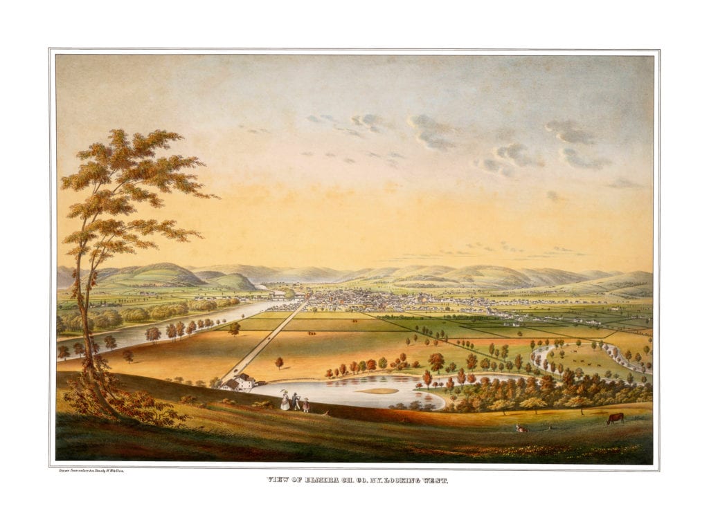 Beautiful hand colored view of Elmira, New York from 1840