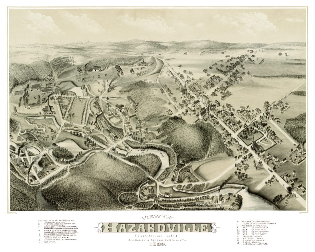 Old map showing a bird's eye view of Hazardville, CT in 1880