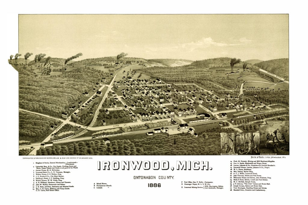Historical bird's eye view map of Ironwood, Michigan from 1886