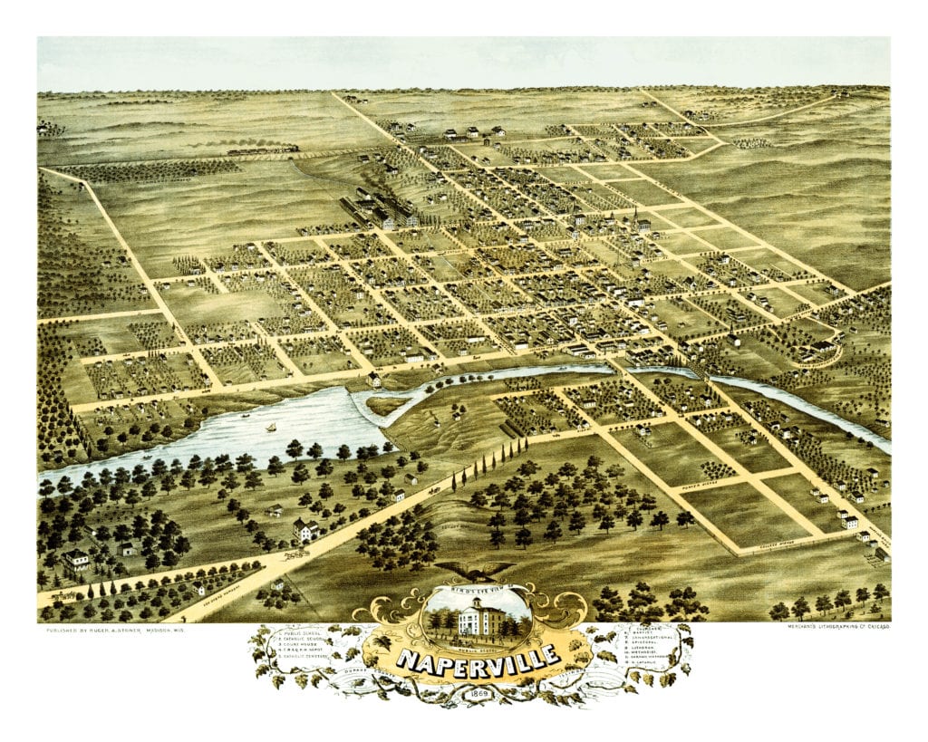 Restored map of Naperville, IL from 1869