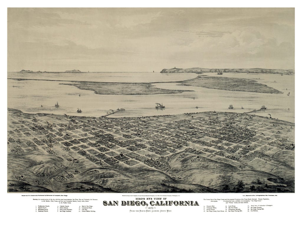 Beautiful bird's eye view of San Diego, California from 1876
