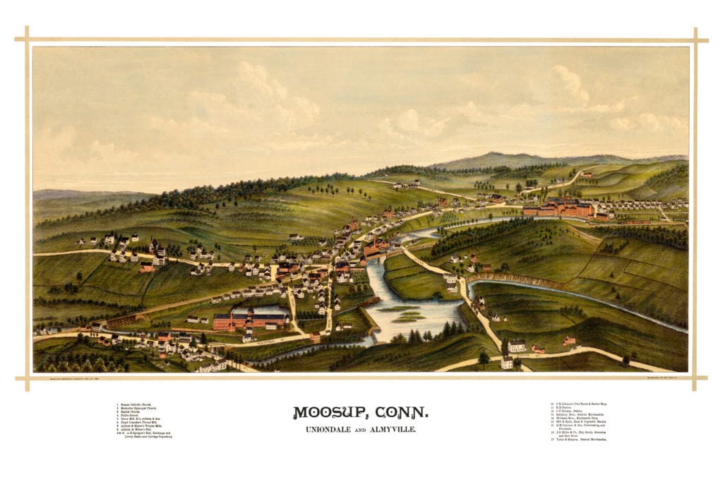 Old map showing a bird's eye view of Moosup, Connecticut in 1889