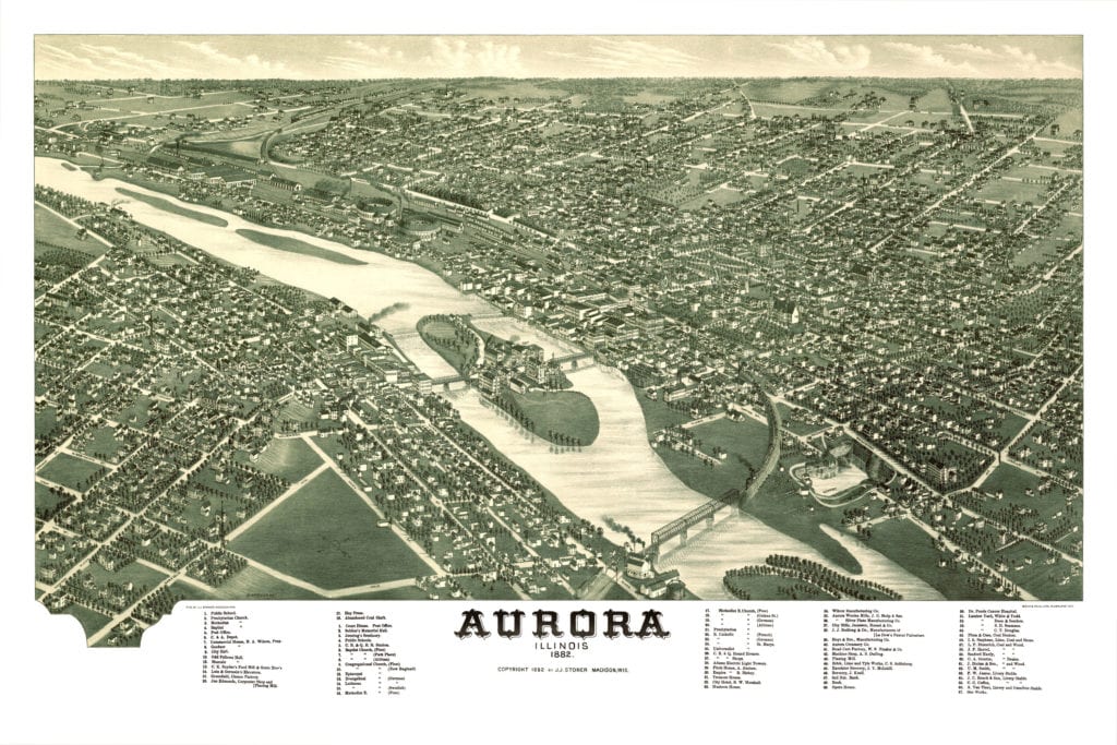 Restored map of Aurora, Illinois from 1882