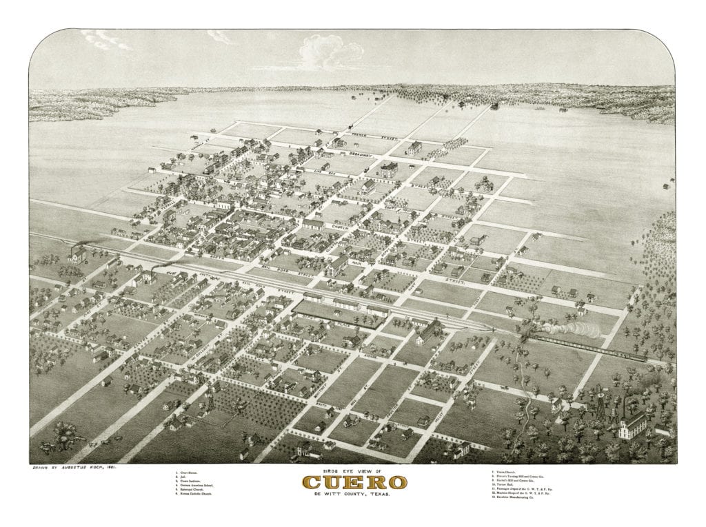 Restored map of Cuero, Texas from 1881