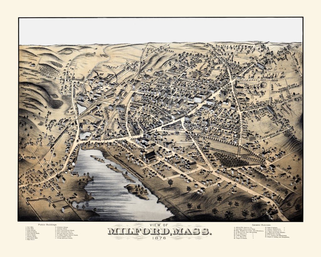 Restored map of Milford, Mass from 1876