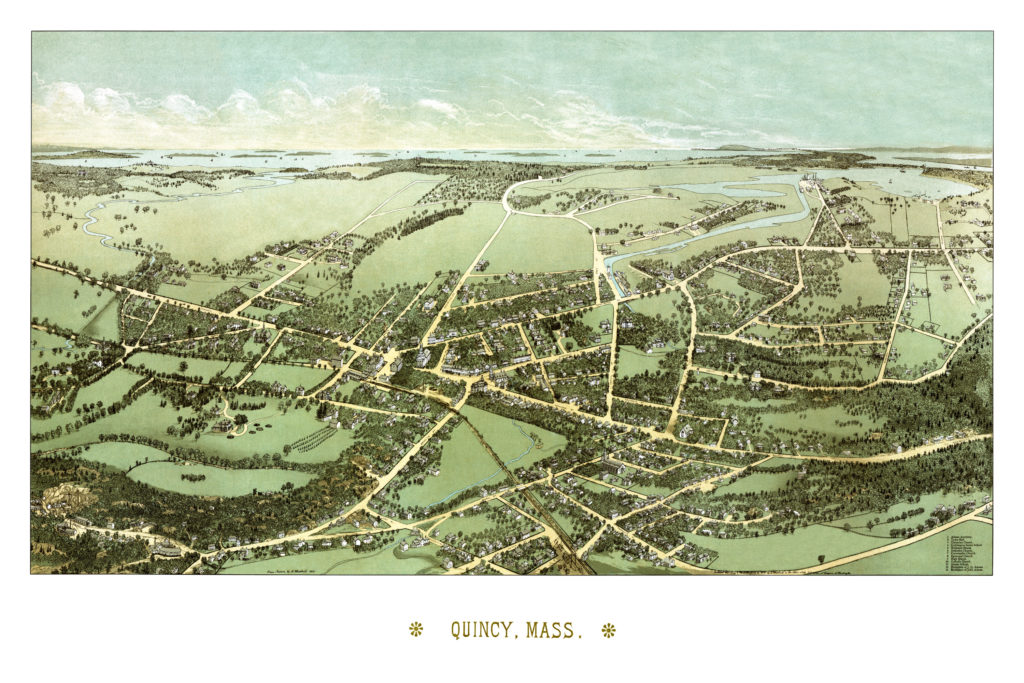 Bird's-eye view of Quincy, Massachusetts from 1877 by Edwin Whitefield, restored by KNOWOL