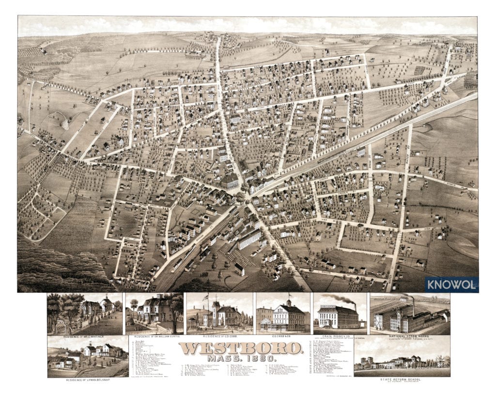 Historic bird's eye view of Westborough, MA in 1880