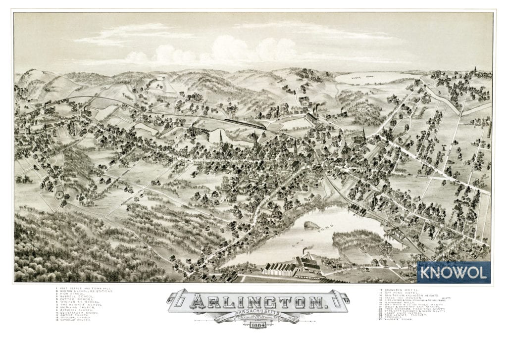 Bird's-eye view map of Arlington, Massachusetts from 1884 by O.H. Bailey, restored by KNOWOL