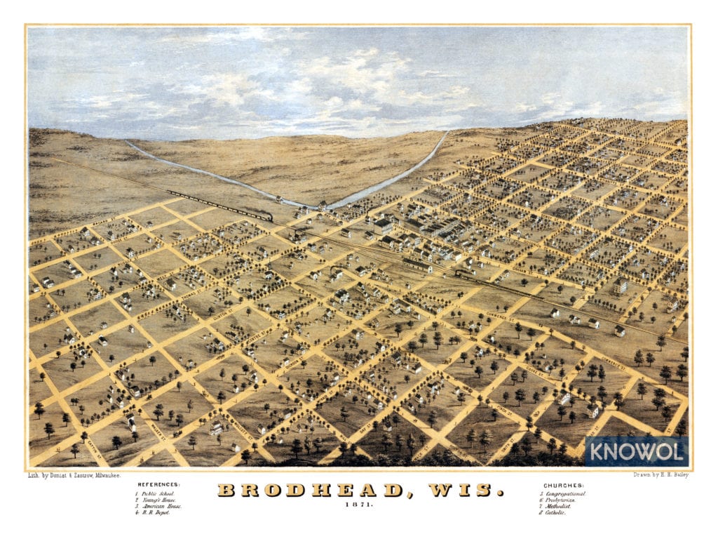 Restored map of Brodhead, Wisconsin from 1871