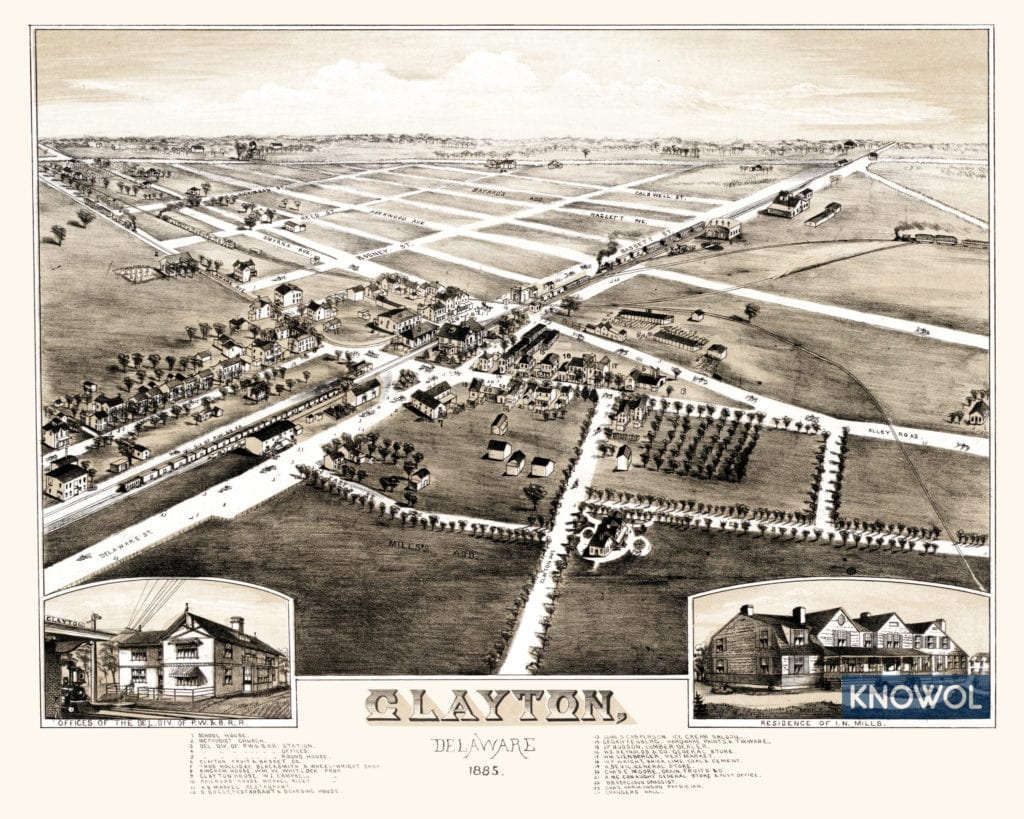 Old map shows bird's eye view of Clayton, Delaware in 1885