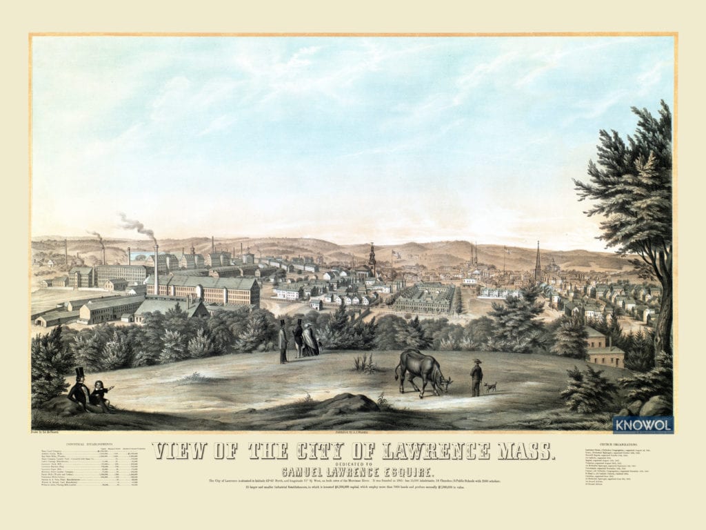 View of the city of Lawrence, Massachusetts from 1854, drawn from Prospect Hill, restored by KNOWOL