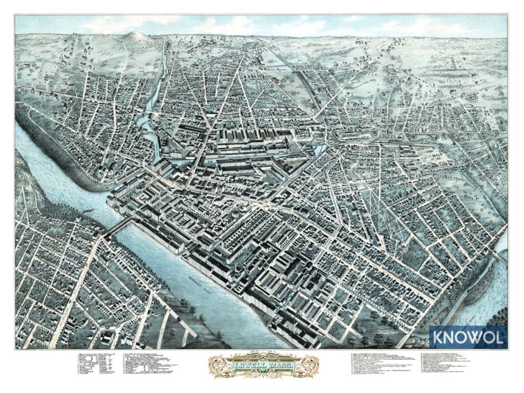 Restored map of Lowell, Massachusetts from 1876