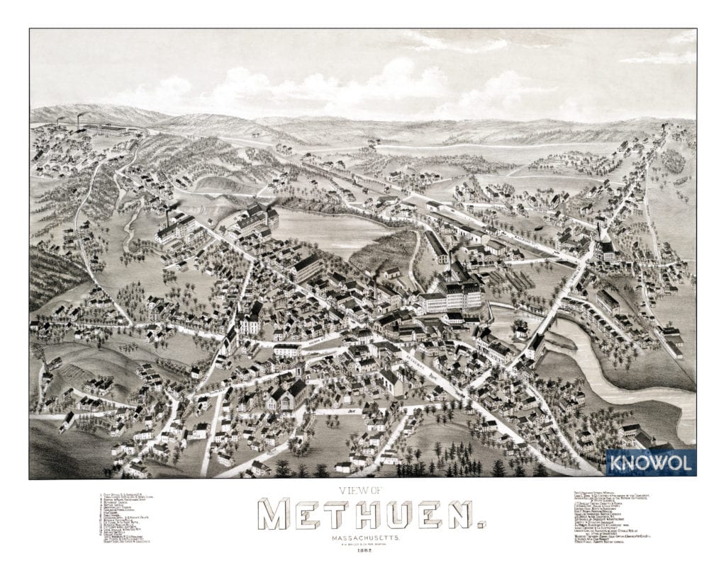 Bird's-eye view map of Methuen, Massachusetts from 1882 by O.H. Bailey, restored by KNOWOL