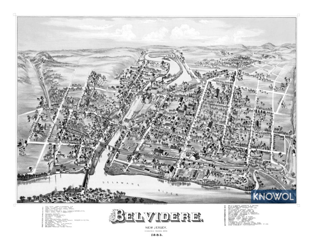 Restored map of Belvidere, New Jersey from 1883