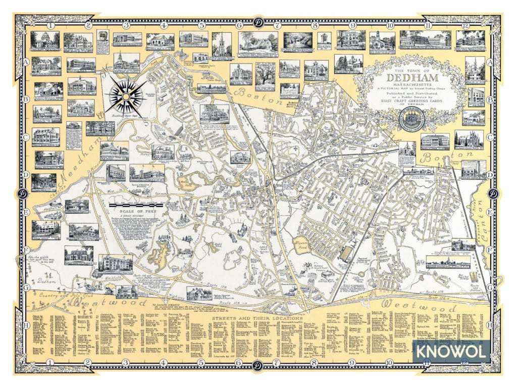 The History of Dedham, MA: beautifully detailed map from 1954