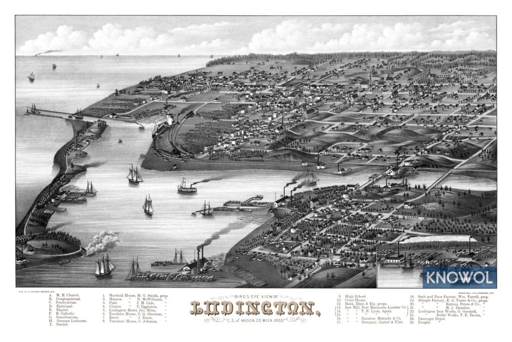 Historic bird's eye view map of Ludington, Michigan in 1880