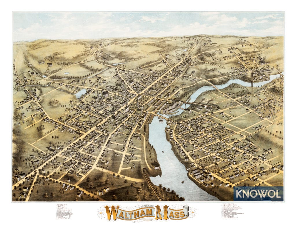 Beautiful old map of Waltham, Massachusetts from 1877