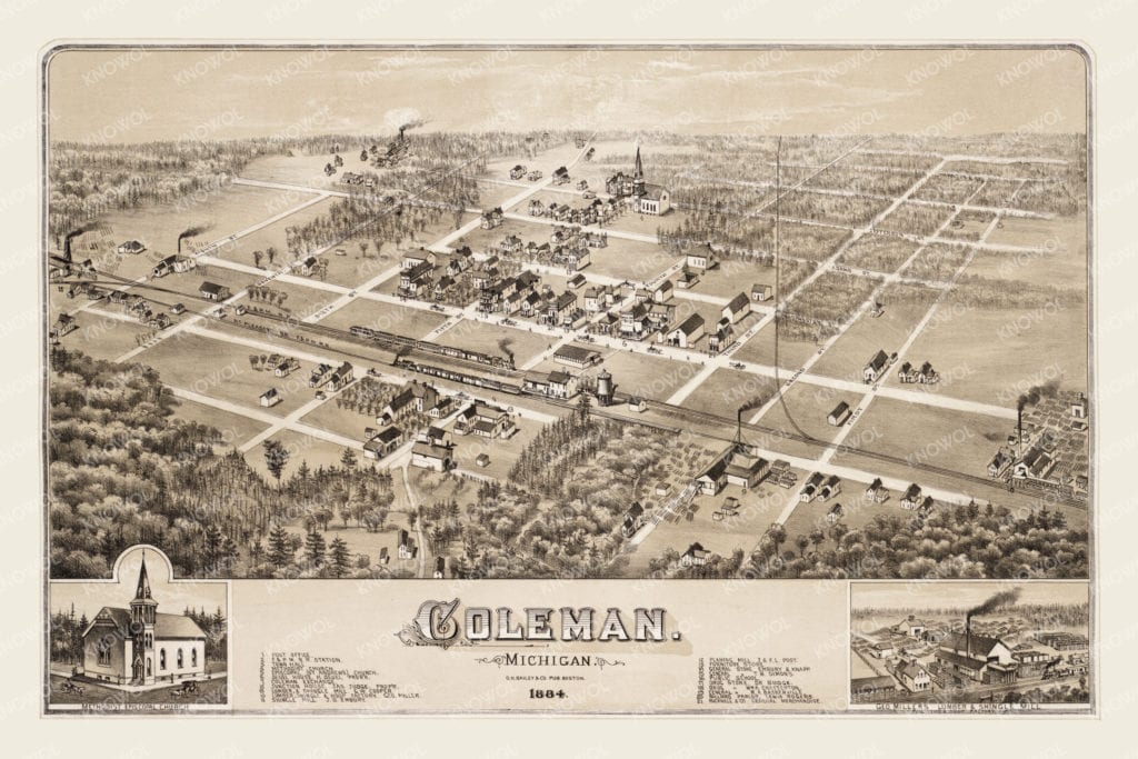 Beautiful old map of Coleman, Michigan from 1884