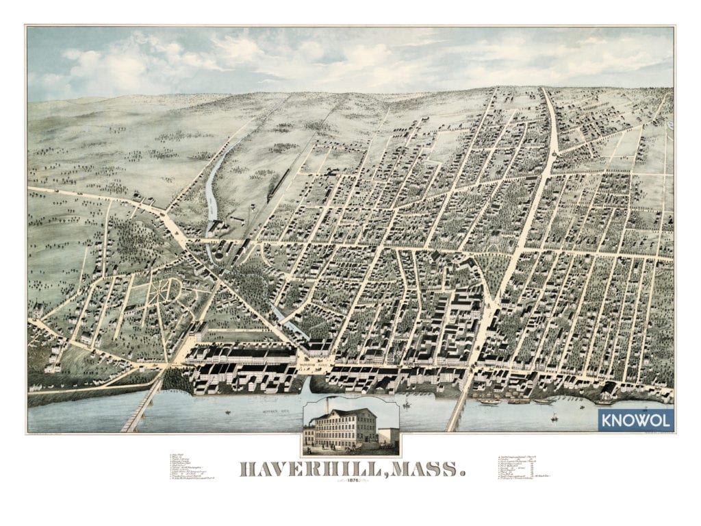 Bird's-eye view map of Haverhill, Massachusetts from 1876 by H.H. Bailey and J.C. Hazen, restored by KNOWOL