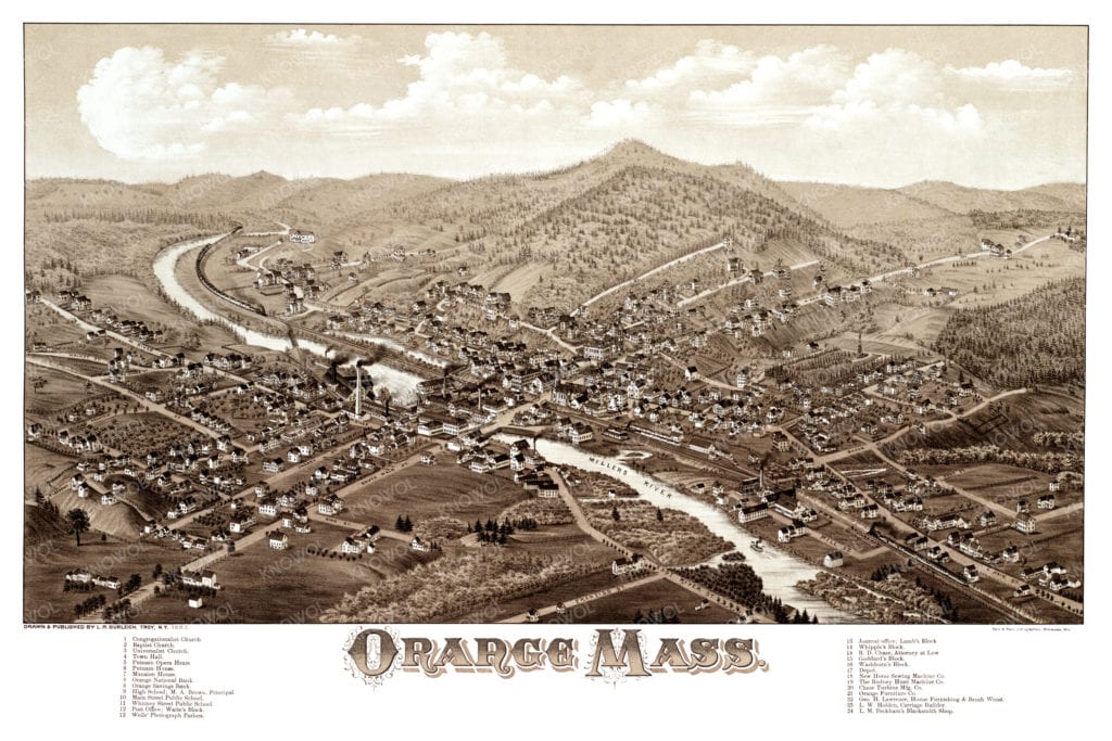 Detailed map of Orange, MA from 1883